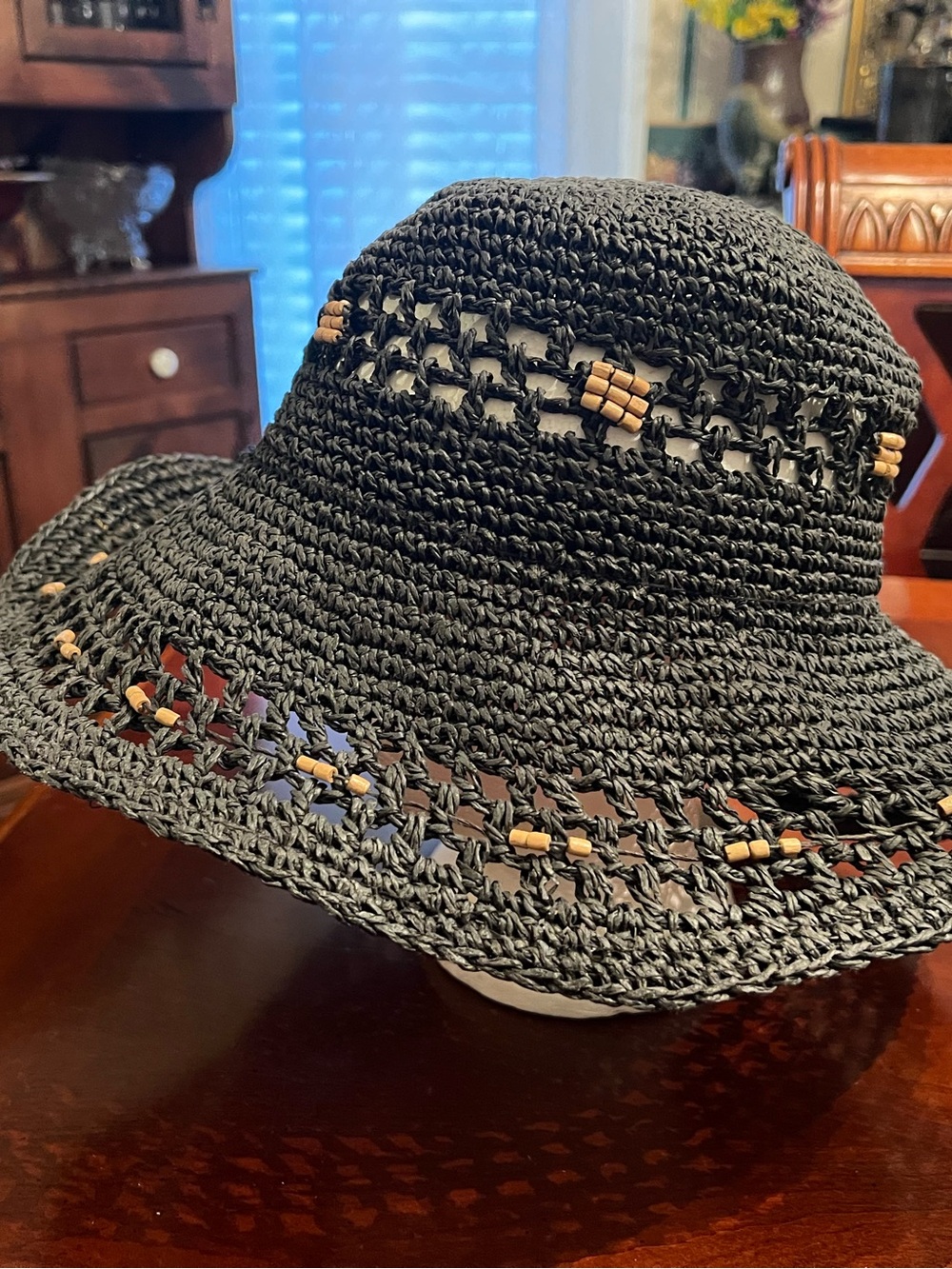 Black Woven Sun Hat with Wood Bead Trim
